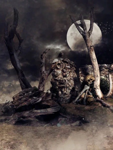 背景に満月と荒廃した壁や枯れ木と夜のシーン 3Dレンダリング — ストック写真