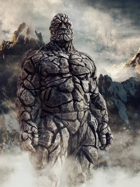 Fantasy stone giant made of rock standing in front of snowy mountains. 3D render. clipart