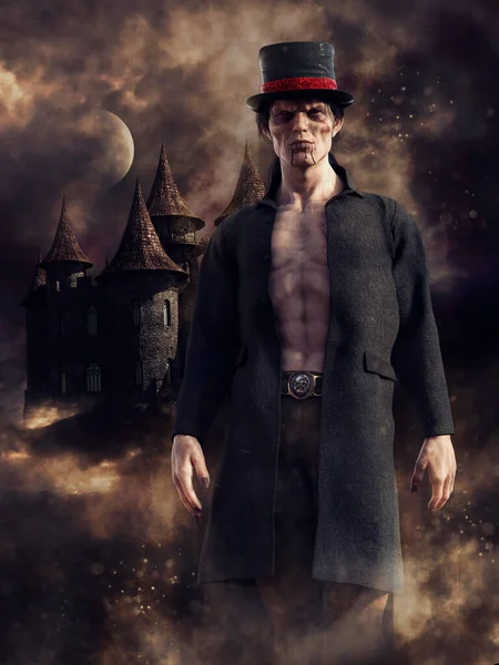城と霧の風景の前に立ってトップの帽子とコートで吸血鬼と夜のシーン 3Dレンダリング — ストック写真