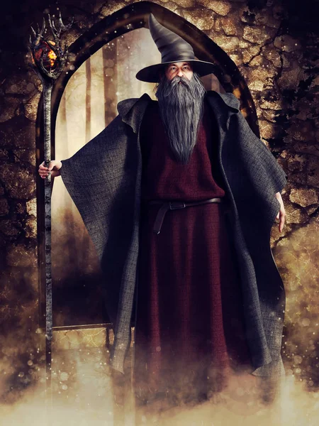 Fantasy Scene Old Wizard Standing Front Stone Garden Gate Render — Stock Photo, Image