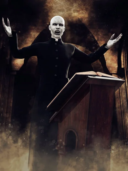 Prêtre Fantasmagorique Ghoul Debout Devant Livre Ouvert Dans Une Cathédrale — Photo