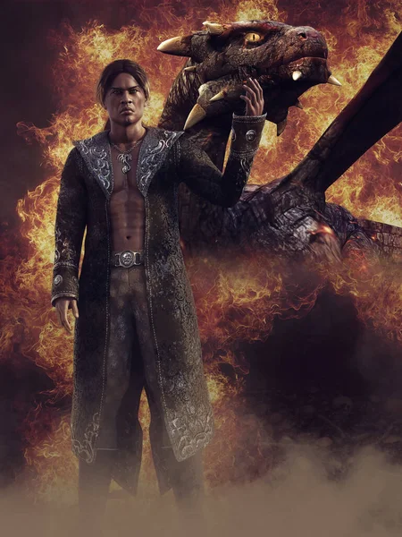 火事に囲まれた龍の横に立っているウォーロックとファンタジーシーン 3Dレンダリング — ストック写真