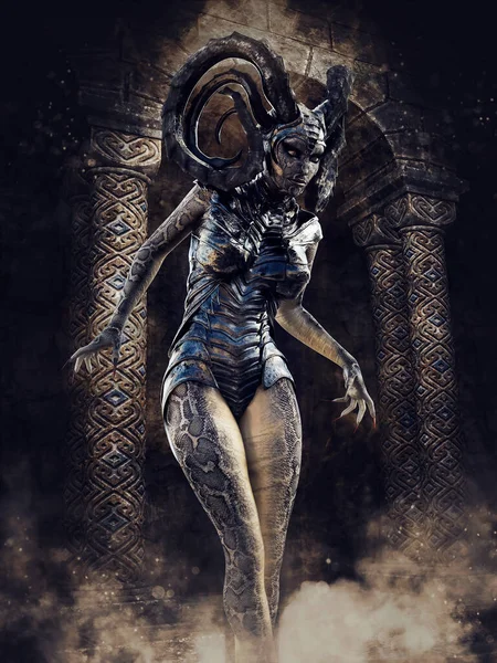 Fantasy woman with snake skin and a headdress with horns standing in front of a stone arch. 3D render.