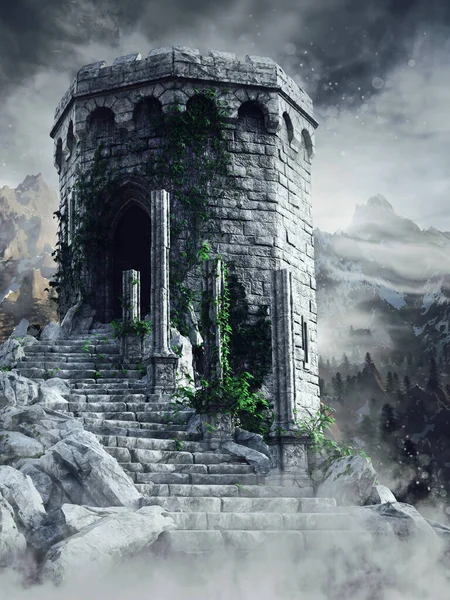 Scena Fantasy Con Torre Rovina Con Scale Montagna Circondata Nebbia — Foto Stock