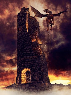 Yıkılmış bir kule ve yanında bir ejderhanın uçtuğu karanlık bir fantezi sahnesi. 3 Boyutlu Hazırlama.