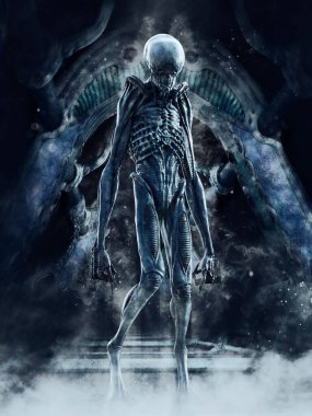 Fütürist bir mağaranın girişinde ürkütücü bir uzaylının durduğu karanlık bir sahne. 3 Boyutlu Hazırlama.