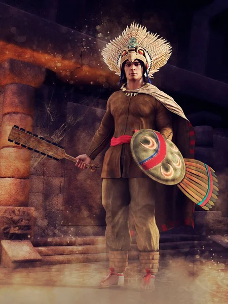 Fantasia Guerreiro Asteca Com Suas Armas Antigo Templo Abandonado Renderização — Fotografia de Stock