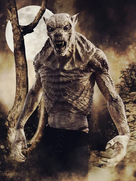 Spooky Werewolf Standing Next Tree Woods Full Moon Night Render — Stock Photo, Image