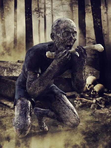 骨や頭蓋骨を持つ墓地で骨から肉を食べる不気味なゾンビと森のシーン 3Dレンダリング — ストック写真