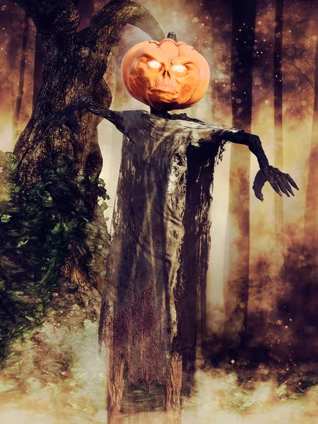 Dark Scene Monster Scarecrow Pumpkin Head Woods Night Render — Stock Photo, Image