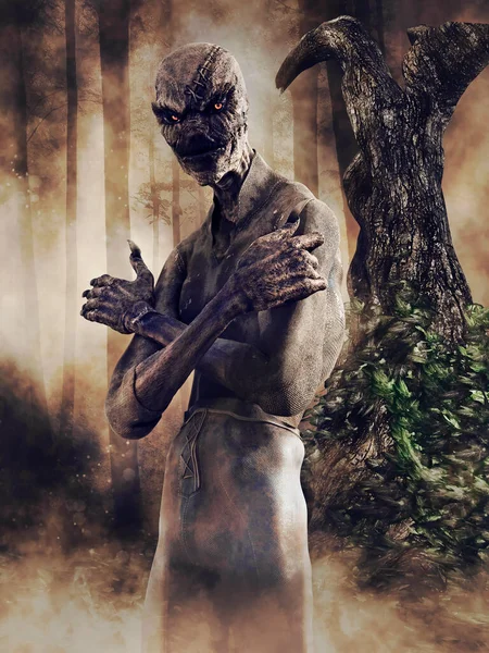 Night Scene Spooky Scarecrow Monster Standing Tree Forest Render — Stock Photo, Image