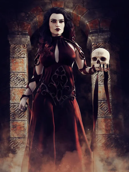 Dark Scene Witch Standing Dungeon Holding Human Skull Her Hand — Stock Photo, Image
