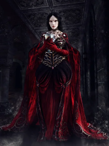 Fantasy Sorceress Long Red Dress Standing Dark Hallway Dungeon Render — Stock Photo, Image