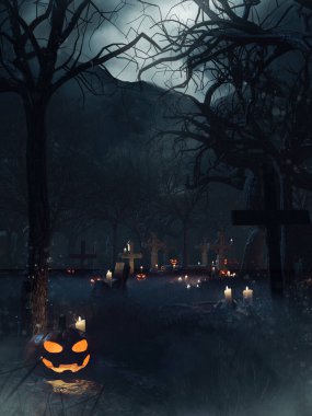 Balkabakları, mumlar, taş haçlar ve kurumuş ağaçlarla dolu ürkütücü Cadılar Bayramı mezarlığı. Resim 3 boyutlu kaynaklar ve boyalı elementlerle yapıldı. Kullanılan yapay zeka yok.