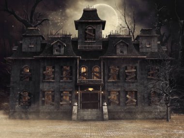 Pencerelerinde ışık, arka planında eski ağaçlar ve dolunay olan ürkütücü Viktorya dönemi terk edilmiş bir ev. Resim 3 boyutlu kaynaklar ve boyalı elementlerle yapıldı. Kullanılan yapay zeka yok.
