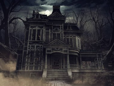Geceleyin terk edilmiş korkunç bir ev, dolunay, etrafındaki kurumuş ağaçlar ve bataklık. Resim 3 boyutlu kaynaklar ve boyalı elementlerle yapıldı. Kullanılan yapay zeka yok.