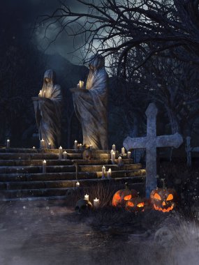 Cadılar Bayramı 'nda taş mezarlığı heykelleri, korkunç solmuş ağaçlar ve gece balkabağı fenerleri. Resim 3 boyutlu kaynaklar ve boyalı elementlerle yapıldı. Kullanılan yapay zeka yok.