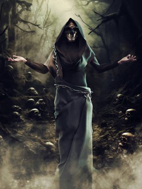 Ağaçlar ve kafataslarıyla çevrili ölüm meleği maskesi takan bir adamın olduğu korku sahnesi. Resim 3 boyutlu kaynaklar ve boyalı elementlerle yapıldı. Kullanılan yapay zeka yok.
