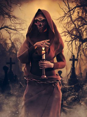 Ölüm maskesi takan, kırmızı başlıklı, elinde mum tutan ve gün batımında eski bir mezarlıkta dikilen bir kadın. Resim 3 boyutlu kaynaklar ve boyalı elementlerle yapıldı. Kullanılan yapay zeka yok.