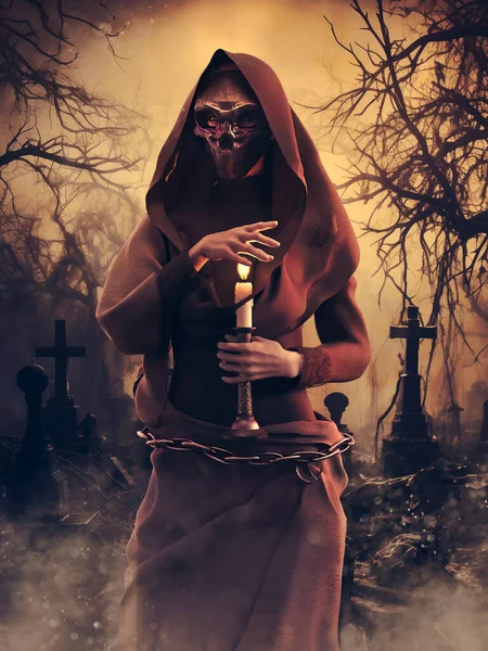 Ölüm maskesi takan, kırmızı başlıklı, elinde mum tutan ve gün batımında eski bir mezarlıkta dikilen bir kadın. Resim 3 boyutlu kaynaklar ve boyalı elementlerle yapıldı. Kullanılan yapay zeka yok.
