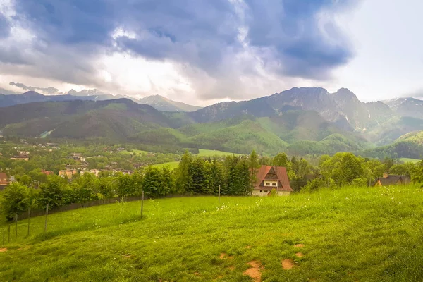 山の中の美しい風景です 青い空 緑の芝生および木 地平線上の背景の山々 — ストック写真