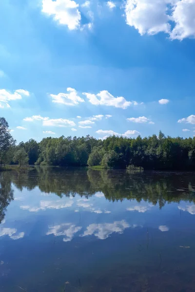 蓝色天空中的木头和白云反映在湖面的倒影水中 — 图库照片