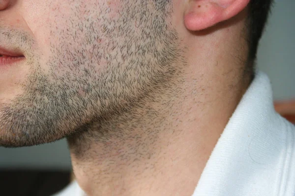 一个男人的脸上有一丝胡子 那家伙下巴上留了几天胡子从配置文件中获取的宏图片 — 图库照片