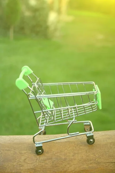 Mini Shopping Trolley Table Shines Sun Symbolizing Marketing Shopping Concept — Stock Photo, Image