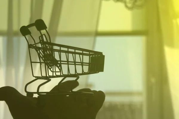 Mini Shopping Trolley Human Hand Shines Sun Symbolizing Marketing Shopping — Stock Photo, Image