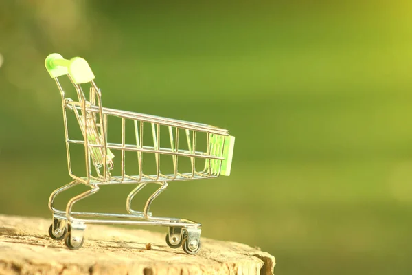 Mini Wózek Zakupy Stole Który Świeci Słońcu Symbolizujące Marketing Zakupy — Zdjęcie stockowe
