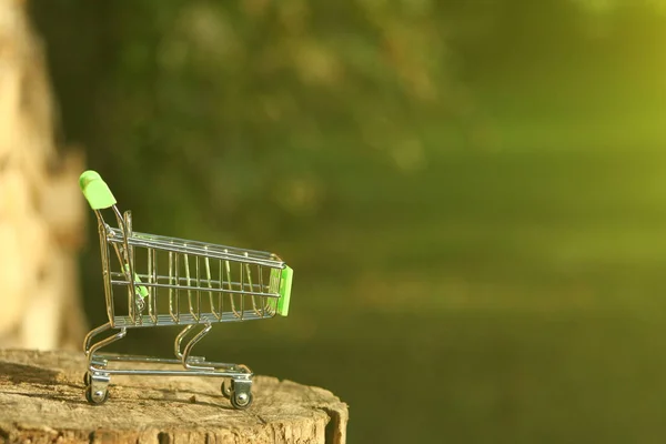 Mini Shoppingvagn Ett Bord Som Lyser Solen Symboliserar Marknadsföring Och — Stockfoto