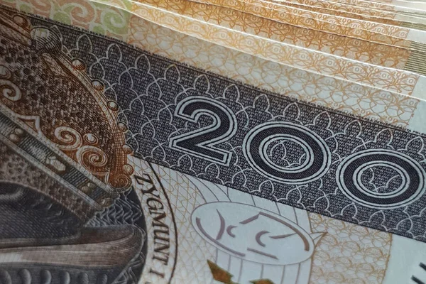 Detailní Záběr 200 Zlotých Bankovek Polská Měna — Stock fotografie
