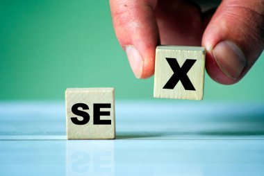 Tahta küplerle ilgili sözleriyle SEX 'in sembolü. Bir küp elle tutulur. Seks eğitimi ya da cinsel konular.