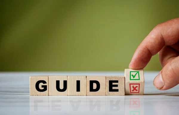 Hand Turns Wooden Cube Changes Word Guide Green Positive Tick — Stock Photo, Image