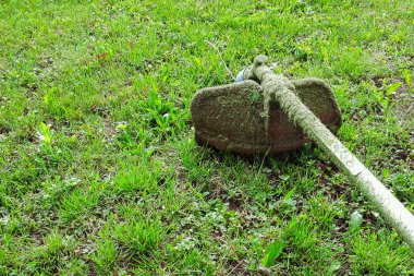 Çim biçme makinesi yeşil çimlerde.