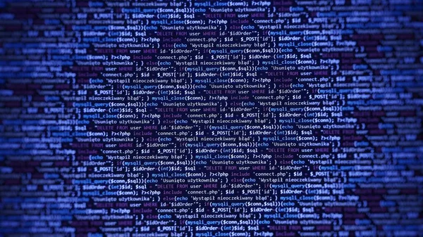 Blue unique background. Programming language on laptop computer screen. Program code PHP HTML JavaScript of site. Computer code on laptop (web developing). Template of website, selective focus.