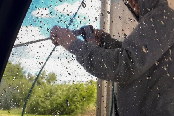 Pria Mencuci Mobilnya Close Close Man Holding High Pressure Water — Stok Foto