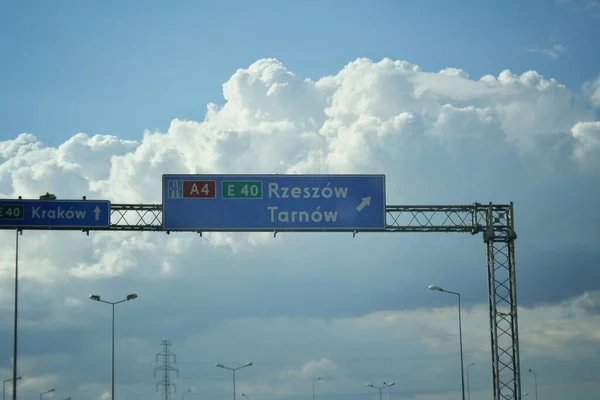 Blue Sign Highway Indicating Tarnow Rzeszow Poland Circa Septemvber 2019 — ストック写真