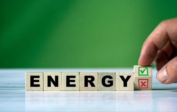 Hand Turns Wooden Cube Changes Word Energy Green Positive Tick — Stock Photo, Image