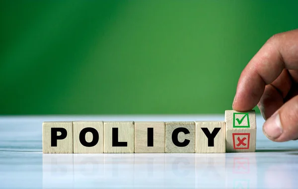 Hand Turns Wooden Cube Changes Word Policy Green Positive Tick — Stock Photo, Image