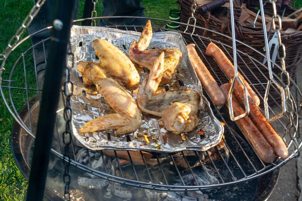 用鸡肉和猪肉做的肉 烧烤烧烤 为夏季家庭晚餐烹调 — 图库照片