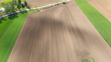Alternatif kahverengi ve yeşil bölümleri olan geniş tarım alanlarının havadan görünüşü. Çevrede ağaçlar ve yeşilliklerle çevrili dolambaçlı bir yol var..