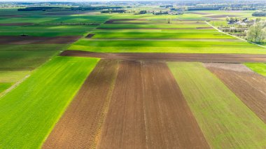 Kırsal alandaki yemyeşil ve kahverengi tarım alanlarının havadan görünüşü. Parlak renkler, doğa ve tarım temaları için bir canlılık ve bolluk hissi yaratır..