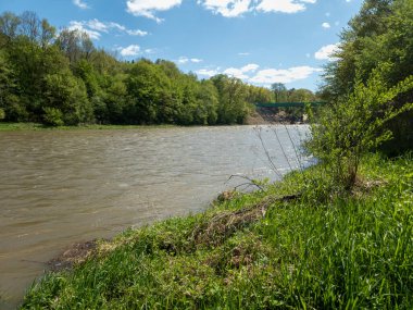 Parlak mavi bulutlu bir gökyüzünün altında yemyeşil ağaçlarla çevrili huzurlu bir nehir manzarası. Sakin sahne, baharda doğanın güzelliğini gözler önüne seriyor..