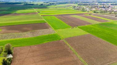 Canlı tarım alanlarının havadan görünüşü açık gökyüzünün altında yeşil ve kahverengi renklerin bir demetini sergiliyor. Baharda tarım arazilerinin verimliliğinin güzelliğini resmediyor..