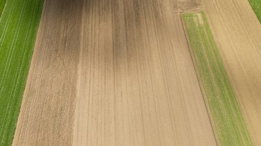 Gündüz tarımın güzelliğini vurgulayan yeşil ve kahverengi ekinlerin zıt renklerini gösteren tarımsal alanların havadan görünüşü.