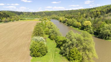 Bereketli bir yeşilliğin, dolambaçlı bir nehrin ve açık mavi gökyüzünün altında ekilmiş tarlaların bulunduğu sakin bir arazinin havadan görünüşü. Doğa ve açık hava temalı projeler için ideal.