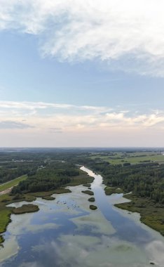Bereketli yeşillik ve tarlalarla çevrili dolambaçlı bir nehir içeren sakin bir manzaranın havadan görünüşü. Huzurlu atmosfer günbatımında doğanın güzelliğini yakalar..