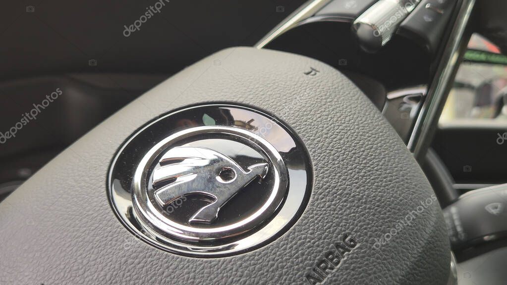 Warsaw Poland - August 4 2025: A close-up view of the Holden logo on a car steering wheel showcasing the design elements and craftsmanship of automobile aesthetics.