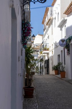 Altea İspanya - 17 Temmuz 2025: Altea 'daki dar kaldırım taşı caddesinde canlı çiçekler ve yerel dükkanlarla bezenmiş beyaz boyalı binalar büyüleyici bir Akdeniz atmosferi yaratıyor.